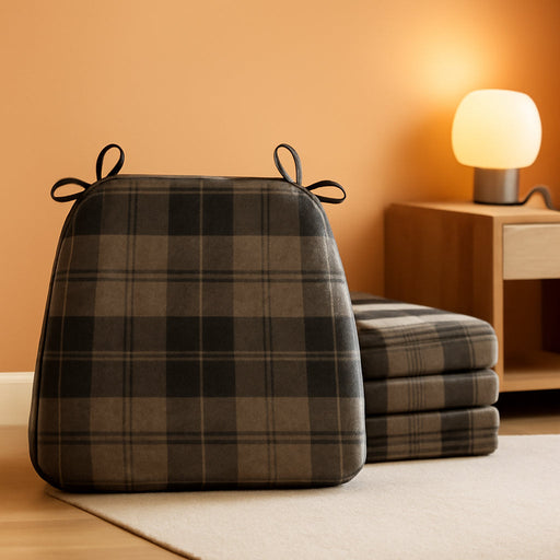 D-Shaped Chair Cushions for Dining Chairs with Ties and Removable Cover, 2'' Thick Dining Kitchen Chair Pads, Indoor Dining Chair Cushions, 17'' X 16'', 4 Pack, Brown Checkered