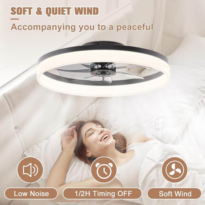 Low Profile Ceiling Fans with Lights and Remote, 23.6In Flush Mount Ceiling Fans with Light, 3000K-6500K Dimmable Fandelier LED Fan Light, Bladeless Ceiling Fan with Lights for Bedroom(Black)