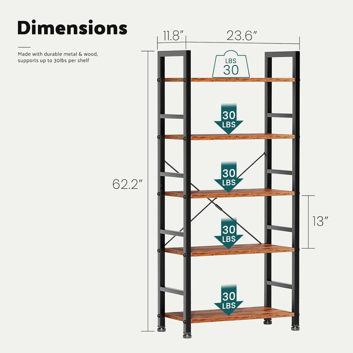 Book Shelf 5 Tier Modern Bookcase Sturdy Metal Storage Organizer Books/Cds/Magazines Industrial Open Display Shelf for Bedroom Home Office Kitchen Living Room