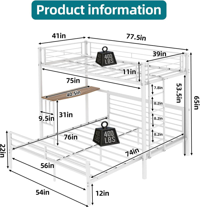 L-Shaped Twin over Full Bunk Bed with Desk, Heavy Duty Metal Loft Bed Frame with Ladder and Safety Guardrails, Space Saving Furniture for Kids, Teens, Bedroom, Dorm and Apartment, (White)
