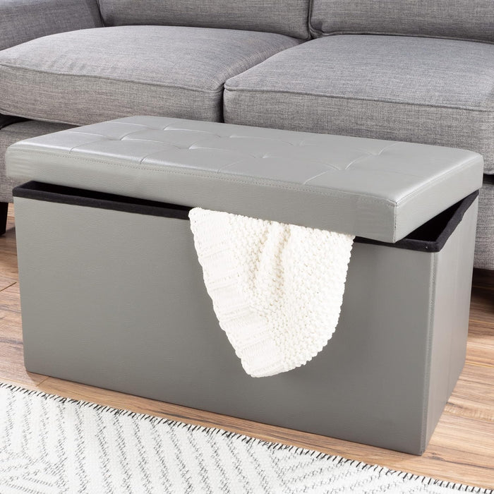 Storage Ottoman - 30-Inch Folding Faux Leather Footrest, Linen Chest, or Bench with Removable Divider for Living Room or Bedroom by  (Gray)