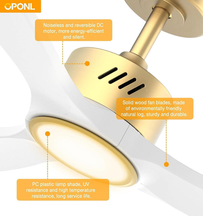 White Wood Ceiling Fan with Light 52Inch, Low Profile, Remote Control, Downrod Mount, Noiseless, Reversible, 6CCT, Dimmable, 6 Speeds, Timeable, Ceiling Fans with Lights for Living Room