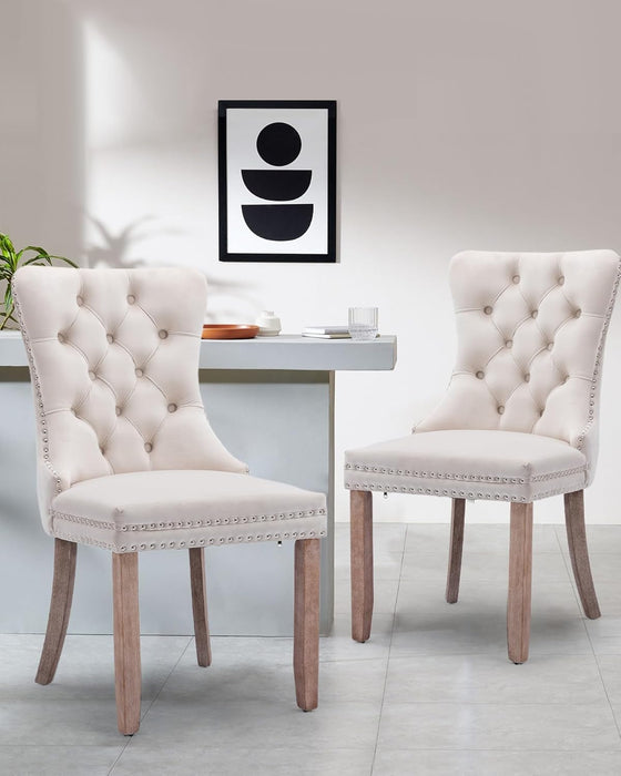 Velvet Dining Chair Set of 2 Upholstered Tufted Dining Room Chair with Nailhead Trim and Solid Wood Legs for Kitchen, Restaurant,Beige