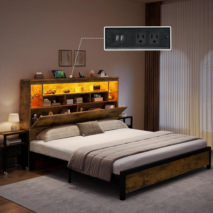 Queen Size Bed Frame with Storage Bookcase Headboard & RGB LED Lights, Slide Out Bedside Storage, Charging Station, Heavy Duty Metal Slats, No Box Spring Needed, Noise-Free, Rustic Brown