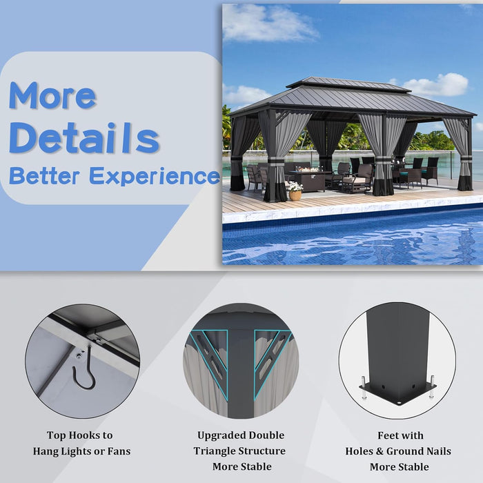 12'X20' Hardtop Gazebo, Outdoor Double Roof Canopy with Netting and Curtains, Galvanized Metal Frame, Sunshade for Patio, Backyard, Deck and Lawns-Gray