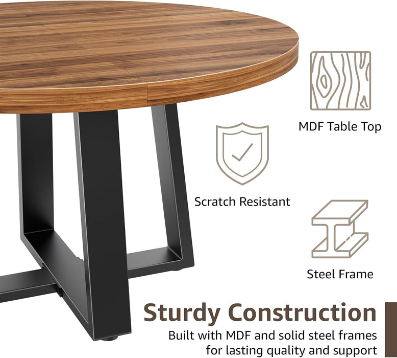 Extendable round Dining Table Wood Circle to Oval Kitchen Table for 4 to 6 People with Black Cross Metal Legs Modern Rustic Walnut Dinner Table Space Saving Furniture