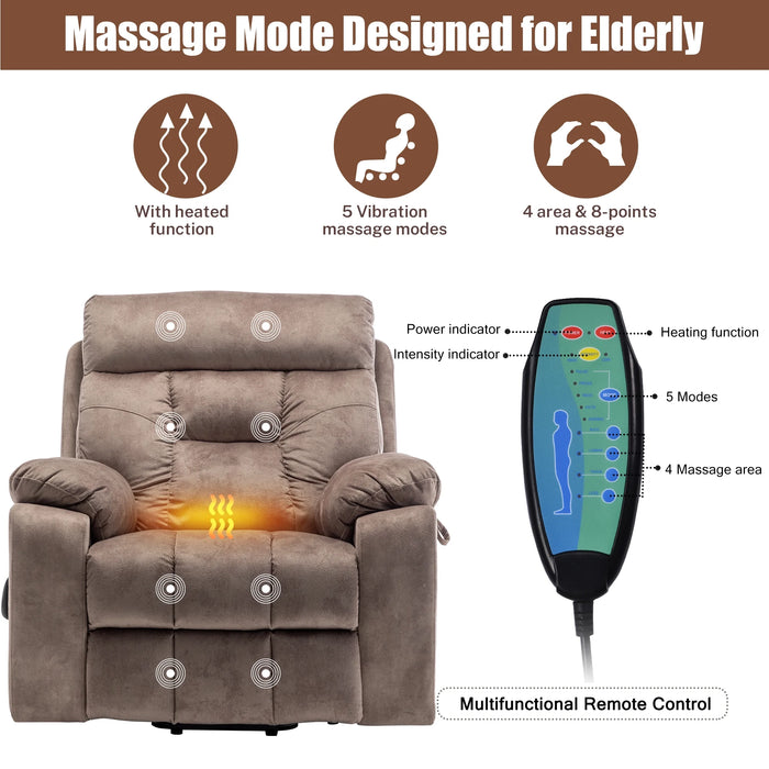 Oversized Electric Massage Lift Chair, Large Power Lift Recliner with Heat Therapy, Fabric Reclining Sofa with Remote, Hidden Cup Holder and Side Pocket for Elderly Seniors, Antique Brown