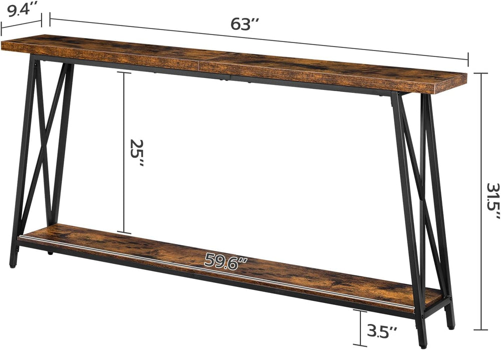 Console Table for Entryway, 63" Industrial Entryway Table, 2-Tier Extra Long Sofa Table behind Couch, X-Shaped Support, for Entryway, Hallway, Living Room, Rustic Brown CTHR4801Z