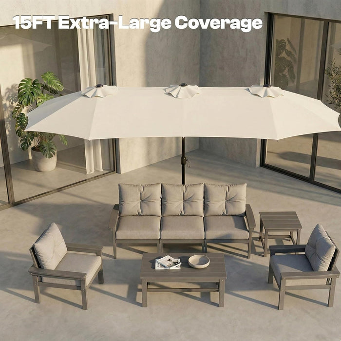 15FT Large Outdoor Patio Umbrella with Solar Lights and Base, Double-Sided Table Umbrellas with 48 LED Lights, Rectangle Market Umbrella for Pool, Deck, Backyard