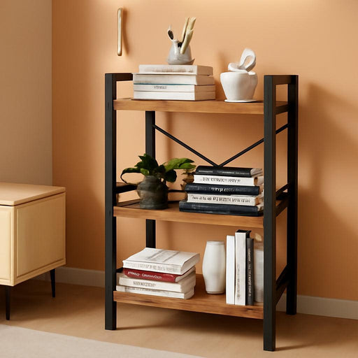 Bookshelf, 3 Tier Industrial Bookcase, Metal Small Bookcase, Rustic Etagere Book Shelf Storage Organizer for Living Room, Bedroom, and Home Office(Rustic Brown) Patent Pending D29873033