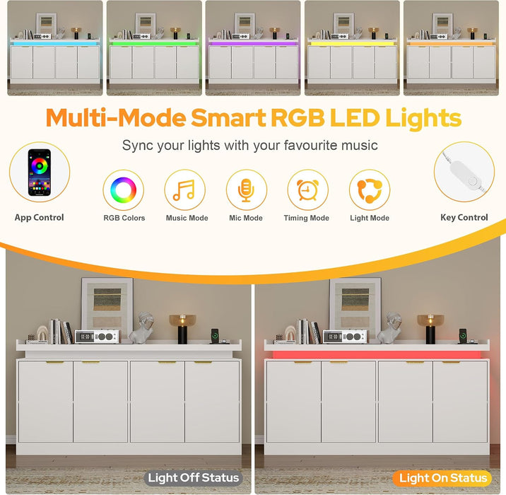 63" Sideboard Buffet Cabinet, Kitchen Buffet Cabinet Storage Cabinets with Power Outlets & LED Light, Modern Sideboard Coffee Bar Buffet Cabinets for Kitchen, Dinning, Living Room, White