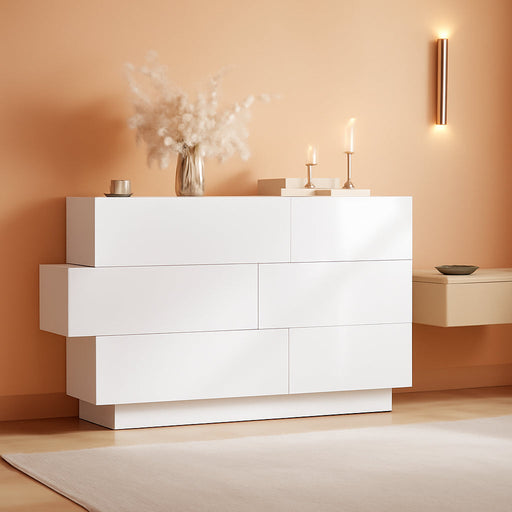 White Drawer Dresser for Bedroom, Modern High Gloss Dresser with 6 Drawers, Double Dresser Storage Chest of Drawer with Asymmetrical Design for Bedroom, Living Room, Entryway