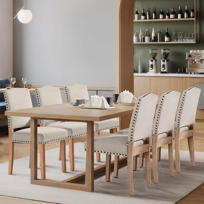 Upholstered Dining Chairs Set of 6 Classic Fabric Kitchen Chairs with Nailhead Trim and Wooden Legs for Dining Room/Living Room/Restaurant/Apartment, Beige