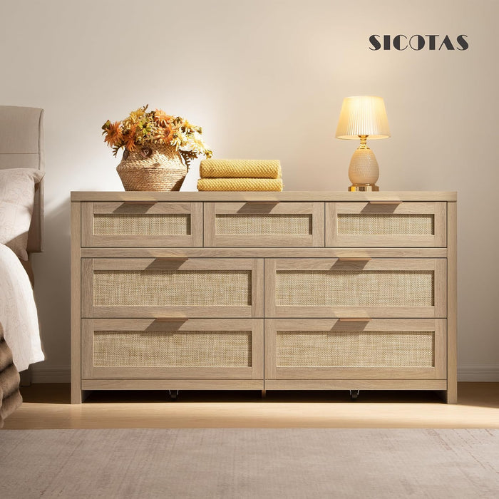 7 Drawer Rattan Dresser for Bedroom, 57" Wide Dresser