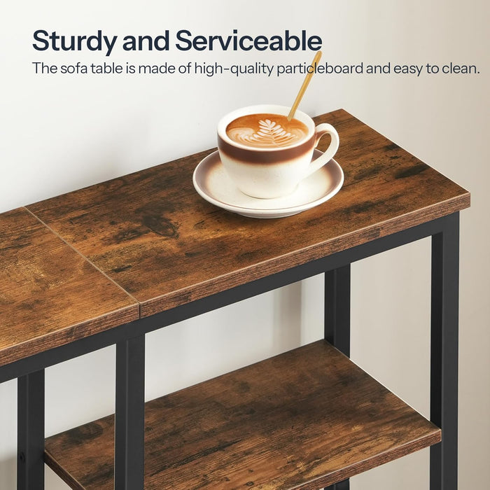 Narrow Console Table, Sofa Table, 4-Tier Industrial Entryway Table with Metal Mesh Shelf, Hallway Table with Adjustable Feet, for Entryway, Living Room, Hallway, Rustic Brown and Black BF79XG01