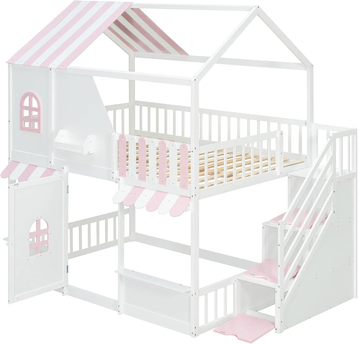 Full-Size House-Bunk Bed With Pink StorageCompartments