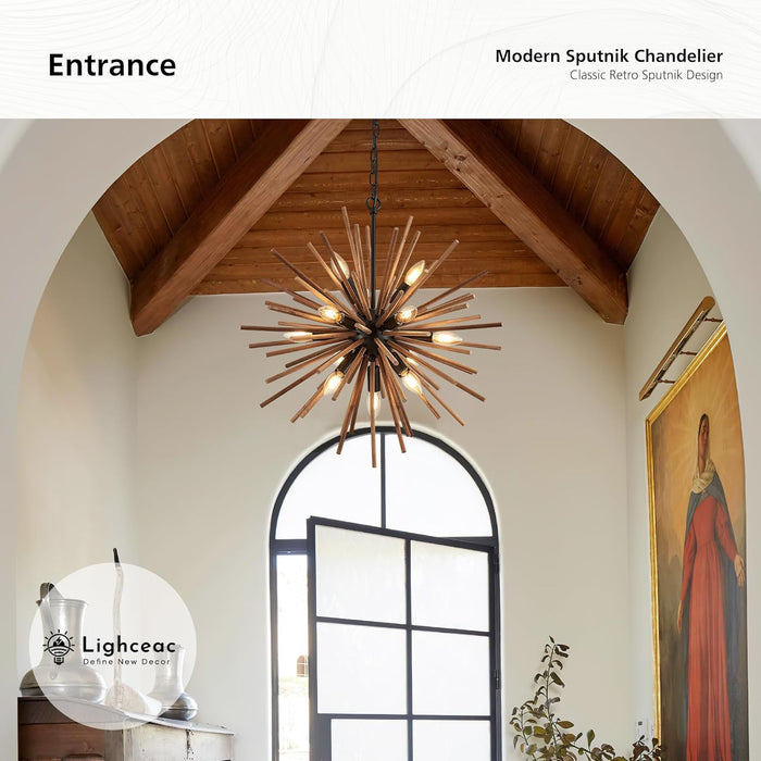 12 Lights Farmhouse Wood Sputnik Chandelier Fixture
