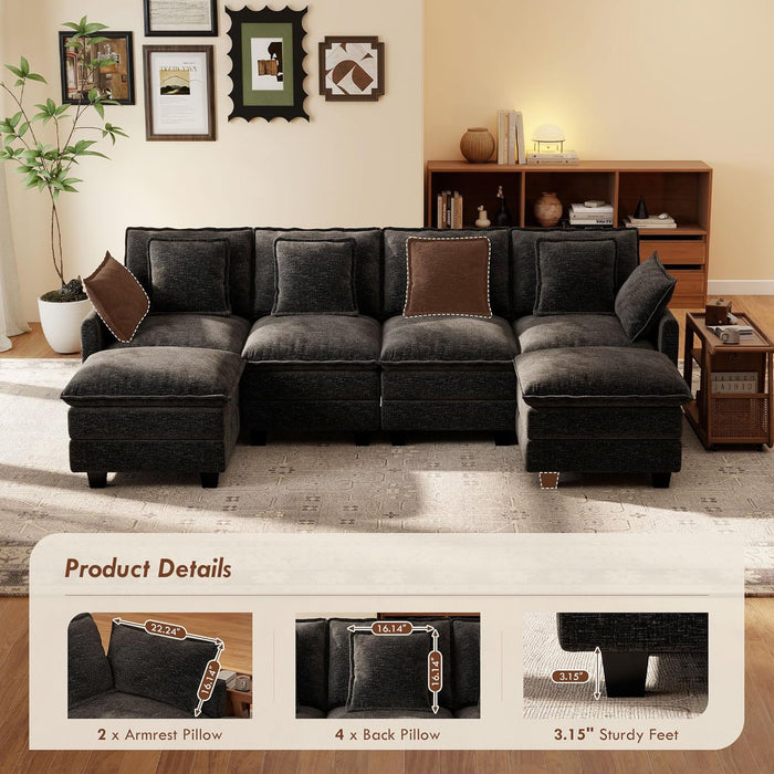 106-Inch Modular Cloud Sofa Black Sectional Modern