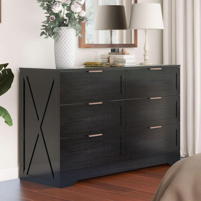 Modern 6 Drawer Dresser for Bedroom, Dresser Chest of Drawer with Large Drawers & Golden Handles, Wooden Dressers Drawer Storage Unit for Bedroom, Living Room, Closet (Black)