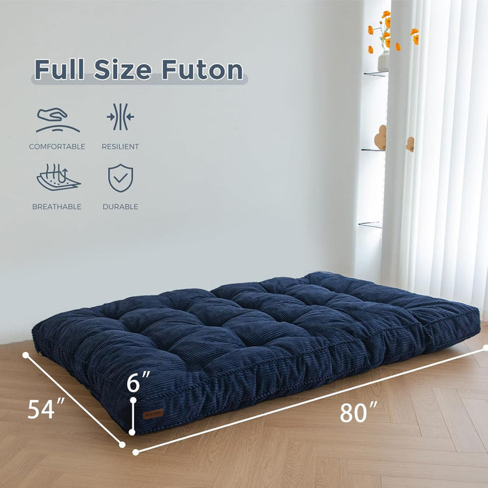 6" Futon Mattress Full Size, Tufted Futons Sofa Couch Bed, Extra Thick Floor Mattress for Adults, Shredded Foam Filling (Frame Not Included), Navy