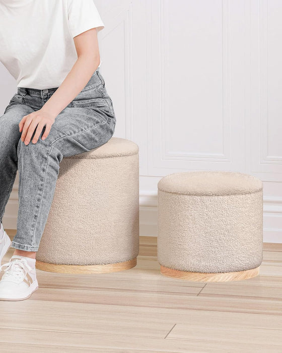 Storage Ottoman round Boucle Ottomans with Tray, Set of 2 Teddy Foot Rest Ottoman Cube with Storage for Living Room , Apricot 15"X15"X16.9"