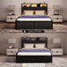 Full Bed Frame with LED Lights, Charging Station & 2 Storage Drawers, Metal Platform with Upholstered Headboard, No Box Spring Needed, Easy Assembly