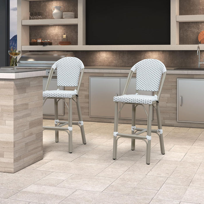 French Bar Stools Set of 2 Champagne Print Finish Outdoor Bar Stools with Back Rattan 27'' Patio Bar Stool for Pool Garden Kitchen Outdoor Barstool, White&Grey