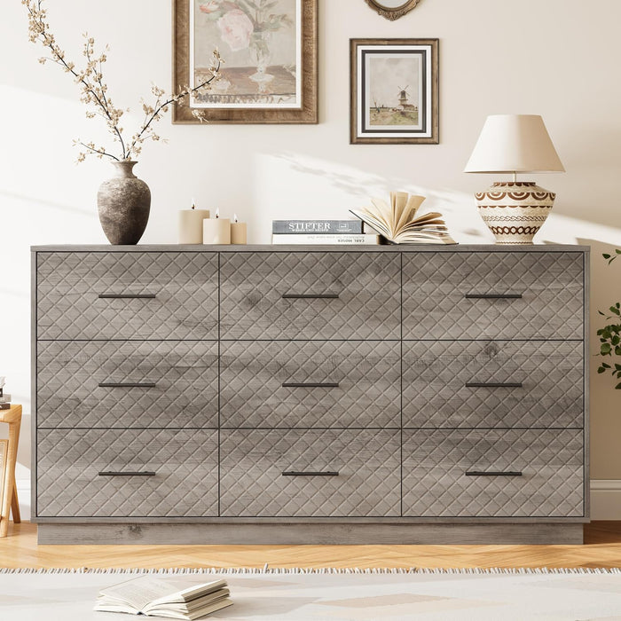 9 Drawers Dresser for Bedroom, 58” Wide Modern Chest of Drawers with Diamond Panel, Anti-Tipping Device, Wood Stable Storage Organizer for Bedroom, Nursery, Living Room