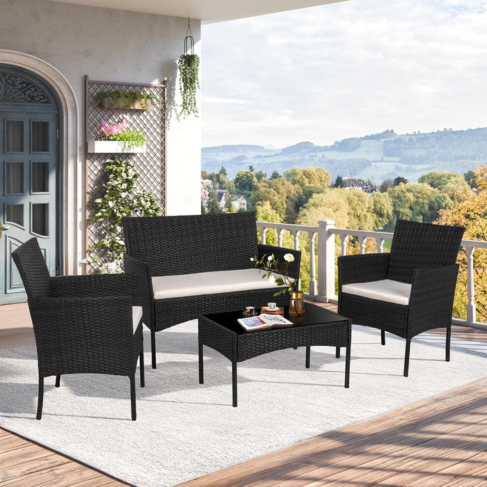 4 Piece Outdoor Patio Furniture Sets, Small Wicker Patio Conversation Furniture Rattan Chair Set with Tempered Glass Coffee Table for Backyard Porch Garden Poolside Balcony,Black