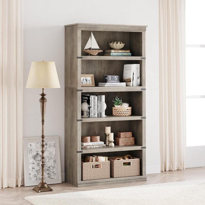 5 Tier Bookcase, Farmhouse Book Shelf with Storage Open Display Bookshelves, 67.4" Tall Book Case Wooden 5 Shelf Bookcase Home Decor Furniture for Home Office, Living Room, Bed Room - Grey