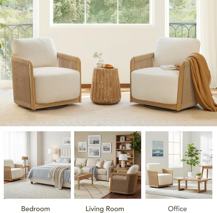 Cream Braid Swivel Contemporary Armchair Metal Frame