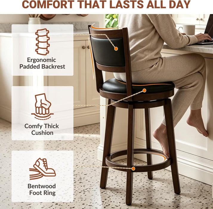 26" Swivel Barstools Set of 2, Counter Height Stool with Back