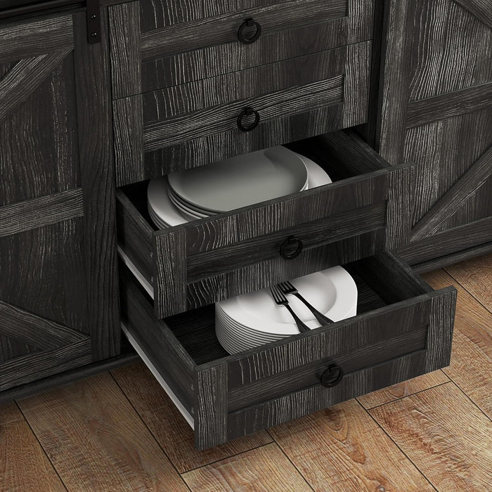 60" Farmhouse Sideboard Buffet Cabinet with Storage, Kitchen Cabinet with 2 Sliding Barn Doors, 4 Deep Drawers and 2 Adjustable Shelves, Distressed Dark Gray