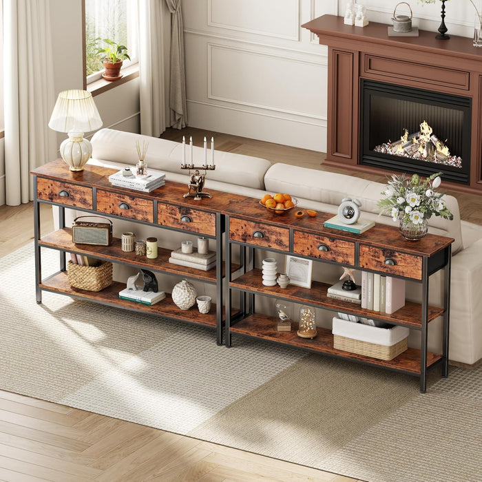 Long 47" Console Sofa Table with 3 Drawers, Entryway Table with 3-Tier Storage Shelves, Industrial Display Shelf for Entry Way, Hallway, Couch, Living Room, Kitchen, Foyer, Rustic Brown