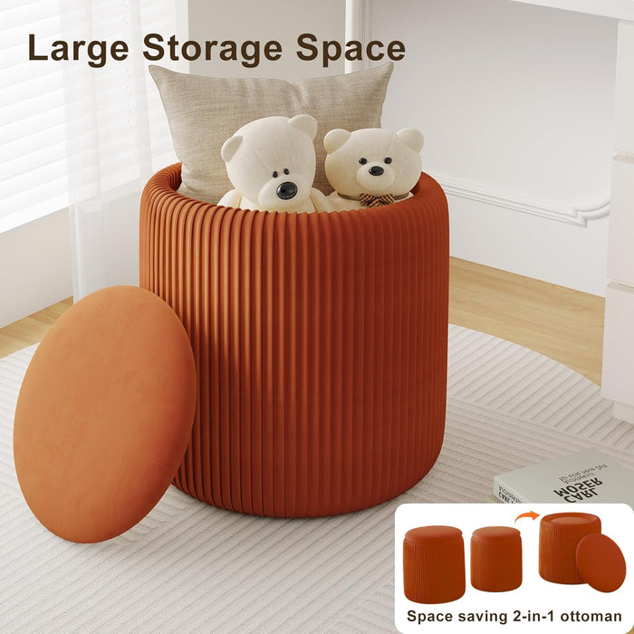 Orange round Storage Ottoman Set of 2, Large Velvet Ottoman with Storage, Multifunctional Vanity Stool, Small Pouf Ottomans Foot Stool, Storage Stools for Living Room, Bedroom
