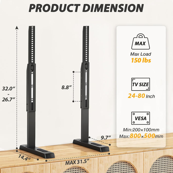 Universal Table Top TV Stand Base for 24-80 Inch LCD LED Tvs, TV Legs with Height Adjustment and Cable Management Hold up to 150Lbs, Max VESA 800X500Mm, Black
