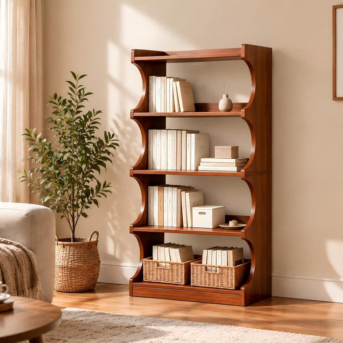 Book Shelf, 54-Inch Tall Bookcase, 4 Tier Storage, Walnut Wood