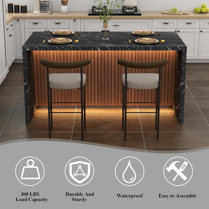 63" Large Imitation Marble Dining Table for 4-6 People(Patent Pending) | Island Table with LED Light,Mordern Marble Stripes Kitchen Dining Table with Grille Design for Dining Room,Living Room(Black)
