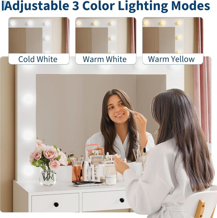 White Vanity Desk with Mirror and Light, Makeup Vanity Table with Charging Station, 7 Storage Drawers, 1 Cabinet, 3 Color Lighting Modes, Modern Wooden Dressing Table for Bedroom