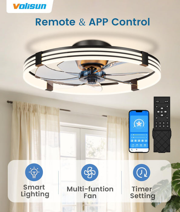 Low Profile Ceiling Fans with Lights and Remote, 24In Flush Mount Ceiling Fan with Light, 3000K-6500K Dimmable Fandelier LED Fan Light, Black Bladeless Ceiling Fans with Lights for Bedroom