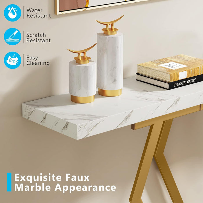 70.9 Inch Extra Long Sofa Table， White and Gold Console Table with Faux Marble Tabletop, Modern Long Entryway Table with Gold Frame