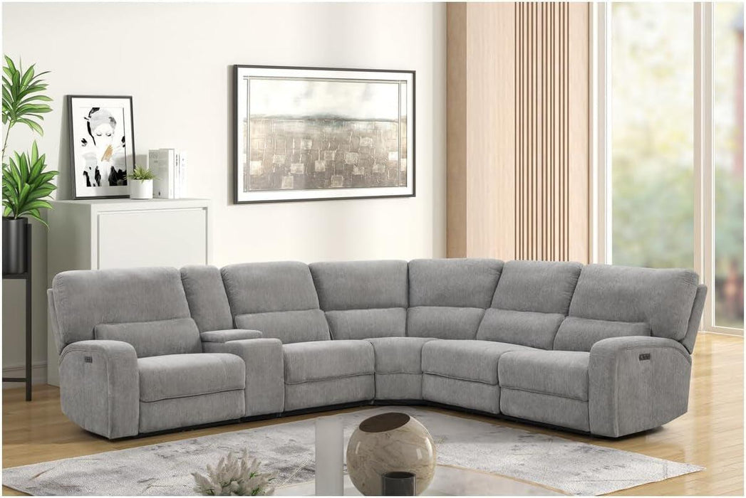 Anthony 114" W Light Gray Chenille Fabric Power Reclining Sectional Sofa with Storage Console and USB Ports – Oversized Modular Recliner Sofa with Cup Holders