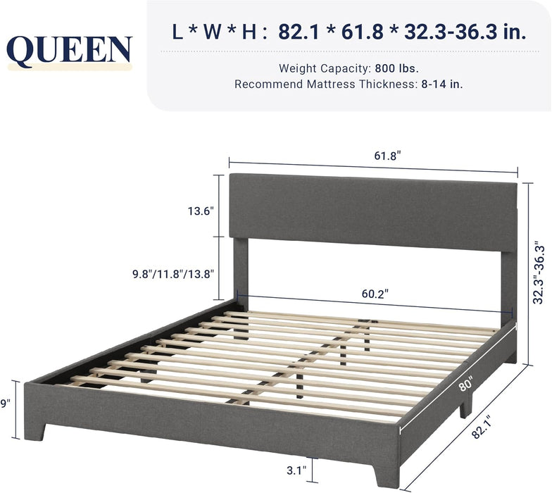 Queen Bed Frame with Adjustable Headboard, Upholstered Platform Bed with Wood Slats, Heavy Duty Mattress Foundation, No Box Spring Needed, Noise-Free, Easy Assembly, Dark Grey