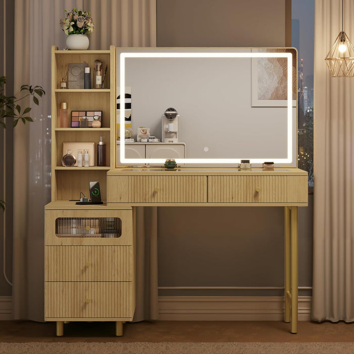 Vanity Desk with Mirror and Lights, Fluted Makeup Vanity with Glass Top, 48" Modern Vanity with 5 Drawers & Open Shelves, 3 Lighting Modes Adjustable Brightness for Bedroom, Natural