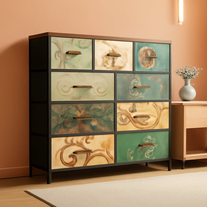 9-Drawer Dresser, Fabric Storage Tower for Bedroom, Hallway, Entryway, Closet, Tall Chest Organizer Unit with Fabric Bins, Steel Frame, Wood Top, Easy Pull Handle, Floral Painted