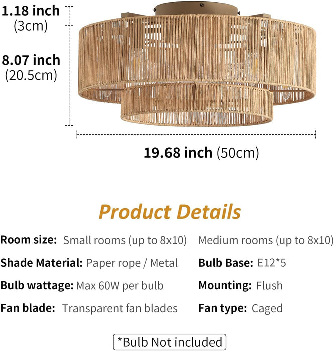 20 Inch Boho Caged Ceiling Fans with Lights Flush Mount, Layered Rattan Ceiling Fan with Light Remote Control with Reversible 6 Speeds for Bedroom, Nursery, Living Room, E12 Base, Indoor