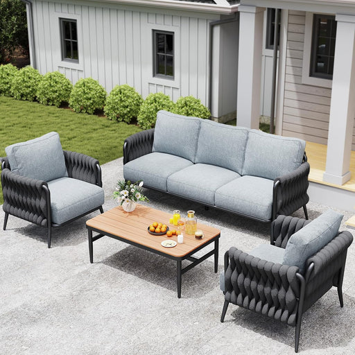 Outdoor Patio Furniture Set 6-Piece, Outdoor 5-Seat Sofa with Coffee Table, Waterproof Thick Cushion Patio Conversation Set, All Weather Outdoor Couch Set for Deck, Lawn, Balcony, Porch