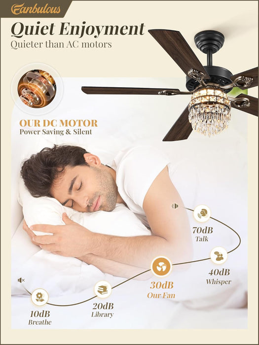 48 Inch Crystal Chandelier Fan with 22W LED, Fandelier Ceiling Fan with Light, Dimmable, 3CCT, 6-Speeds, Quiet DC Motor, Ceiling Fan Chandeliers, Modern Ceiling Fans for Bedroom, Living Room