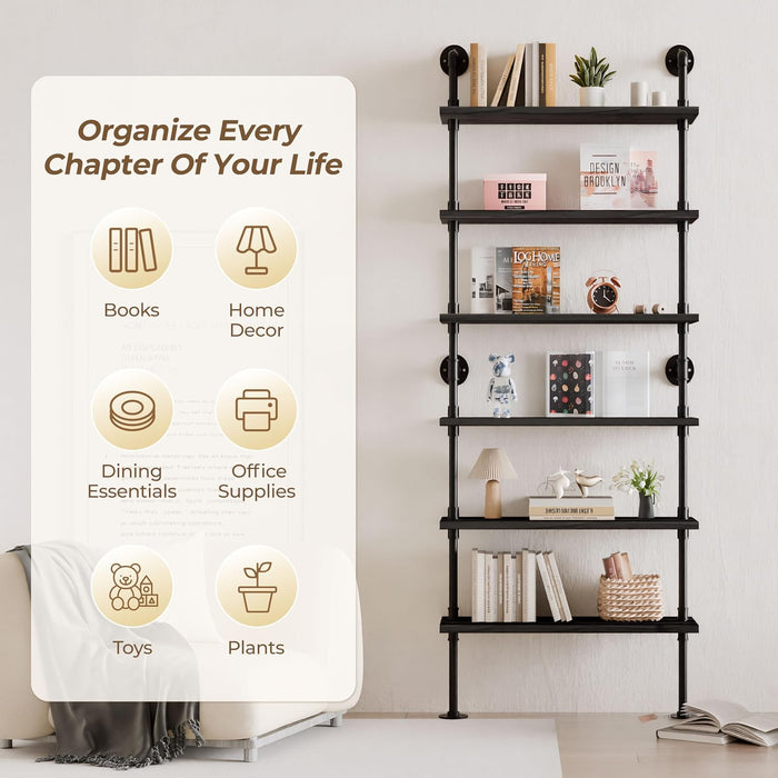 Industrial Pipe Bookshelf, Wall Mounted Shelf, 36 Inch, Black | 6 Tier Open Bookcase, Solid Pine Wood, Black Iron Pipe Frame, 40 Lbs per Shelf, for Books, Kitchen, Office Decor