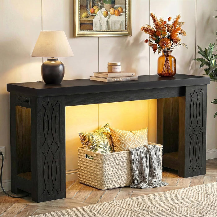 63" Console Table with Outlet, Farmhouse Entryway Table with Colorful LED Lights, Wooden Sofa Table with Unique Carved Design, Foyer Accent Table for Entrance, Hallway, Living Room